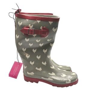Womens Rubber Rain Boots Size 8 Chicken Print Gray White Red NWT